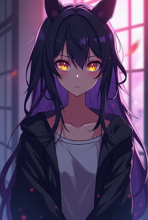 Create an anime oc

**Name:** HeYuu

**Appearance:**
- **Hair:** Black and purple with blond bangs
- **Eyes:** Amber, with a serious, phonics gaze
- **Clothing Style:** Casual, to conceal her role as an exorcist
- **Expression:** Always serious

**Personal...