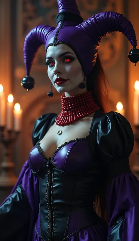 Harlequin woman in sensual, full-length pose Full-length portrait The womans face is white with glowing red eyes and a wide, toothy smile, offset by a black and purple leather outfit, adorned with a wide red necklace and a Tall, pointed jester hat, complet...