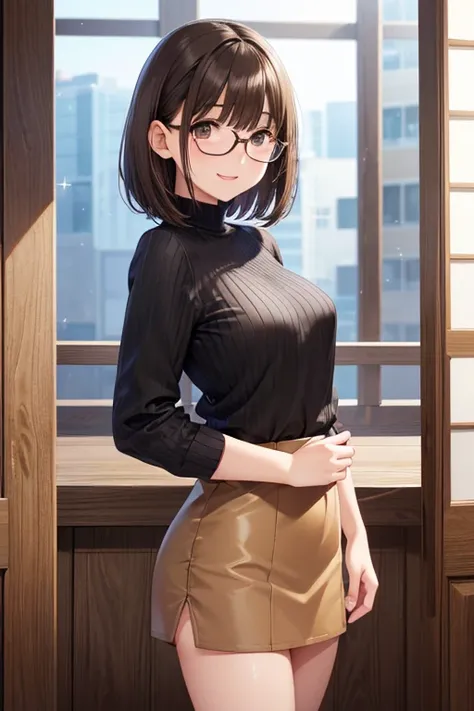 anegasaki nene、Shiny brown hair, Short Hair, (Beautiful brown eyes、Sparkling eyes, Fine grain)、smile、Ultra-detailed eyes、Highly detailed face, Highly detailed eyes,Cowboy Shot、



((Artwork, Best Quality, High resolution)), Black long sleeve ribbed knit、
S...