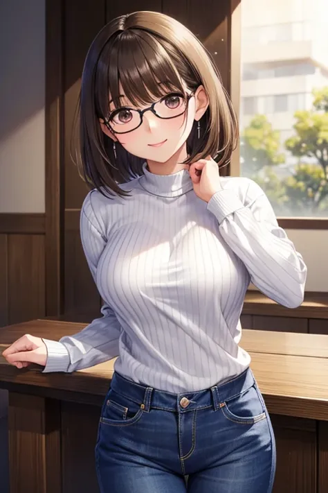 anegasaki nene、Shiny brown hair, Short Hair, (Beautiful brown eyes、Sparkling eyes, Fine grain)、smile、Ultra-detailed eyes、Highly detailed face, Highly detailed eyes,Cowboy Shot、



((Artwork, Best Quality, High resolution)), Black long sleeve ribbed knit、De...