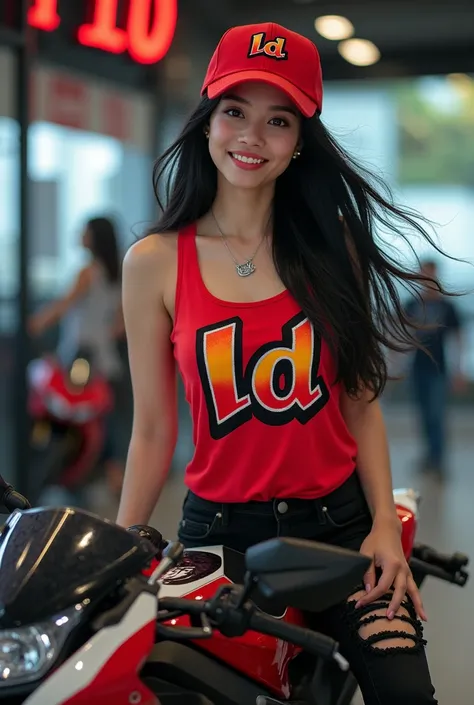 A beatiful young girl thai, Smiling sweetly facing forward,Wearing a red baseball cap,wearing bright red tanktop with the text "LD" in graffiti style colorful , wearing A small silver necklace with the logo"LD"silver logo, slightly Torn black jeans, black ...