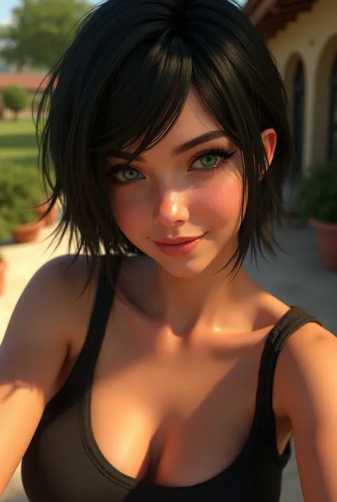 Ellie from the last of us green eyes selfie photo in villa sunlight black shaggy bob cut black clothes busty selfie makeup cute face best sexy body big busty selfie happy face