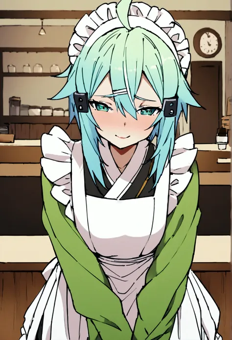 nsfw,masterpiece,best quality,high resolution,very detailed,one girl,sinon\(sword art online\),kimono、kimono、white apron、緑のkimon...