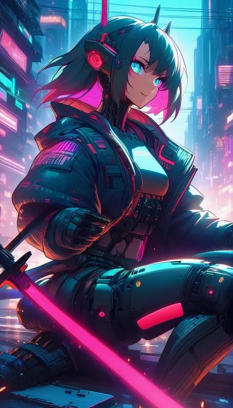 sit on the ground、a red and black demon holding two swords in front of him, very beautiful cyberpunk samurai, cyberpunk samurai,...