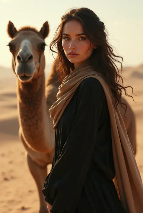 a beautiful girl 25 look like ayeza khan having fair white skin and hazel eyes brown hairs wearing black long frock amd scarf and standing in desert along with camel