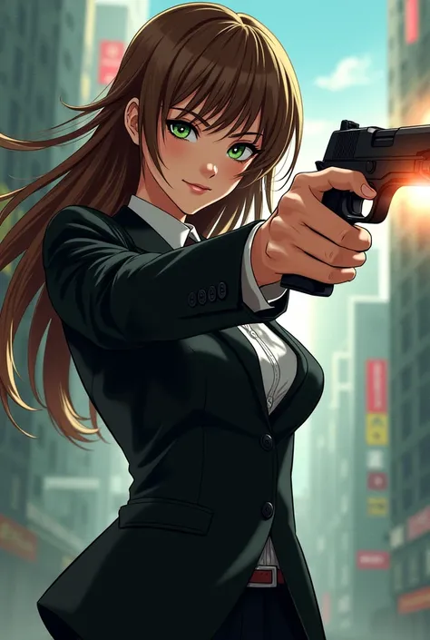 girl in black suit with gun with brown hair and green eyes anime comic style