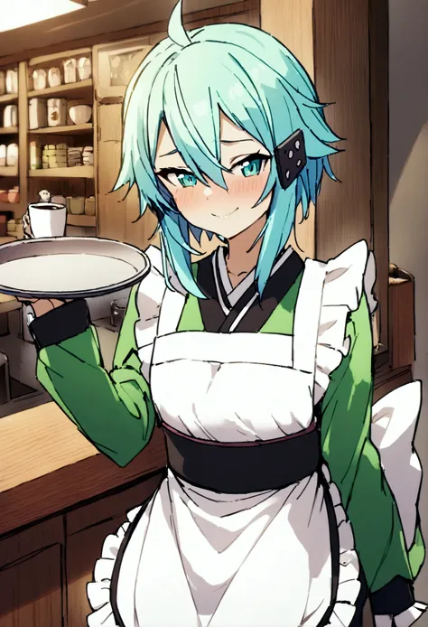 nsfw,masterpiece,best quality,high resolution,very detailed,one girl,sinon\(sword art online\),kimono、kimono、white apron、緑のkimon...