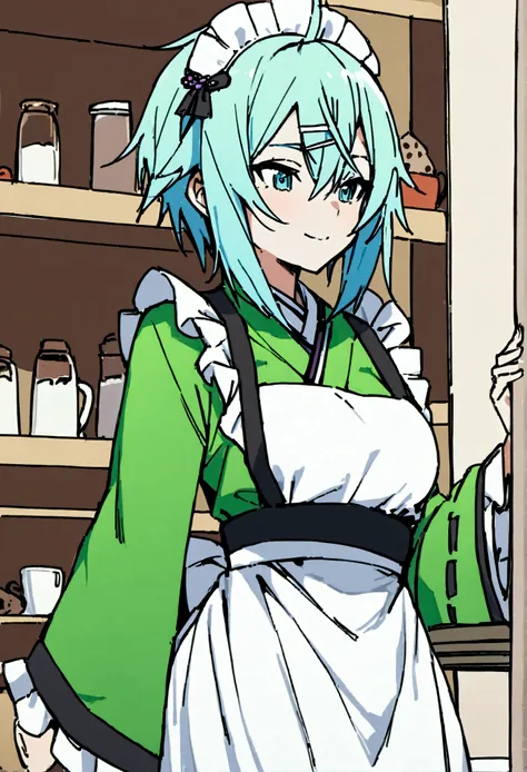 nsfw,masterpiece,best quality,high resolution,very detailed,one girl,sinon\(sword art online\),kimono、kimono、white apron、緑のkimon...