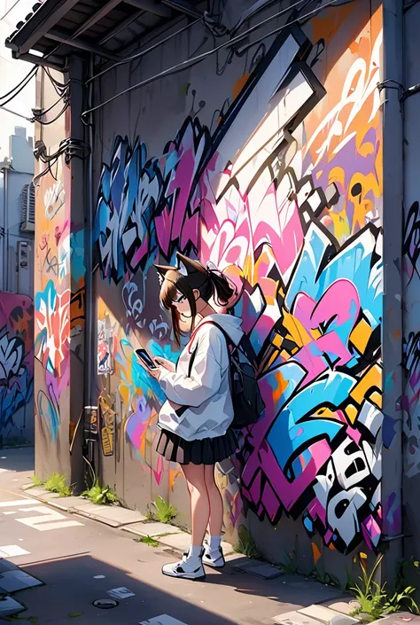 straight letter , master piece , “ charging your smartphone " , graffiti art , japanese anime style , cat ear youtuber gal , dra...