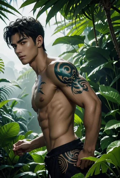 UHD, Pandora (Inspired by "Avatar"), A vibrant alien jungle, illuminated by bioluminescent plants and glowing creatures. In the middle of the scene stands a tall, handsome man, his bronze skin glowing in the soft light. His bare, toned chest is marked with...