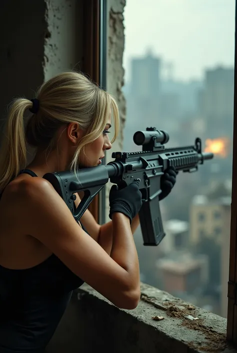 (Photorealistic、Full live-action version)、Blonde long hair woman、Muscular body、Both hands are wearing black gloves、(((Hold a machine gun、Hiding from inside the window, spying on the enemy、Bust Shot、Rear view、Aiming out the window in a dark room)))、Dilapida...