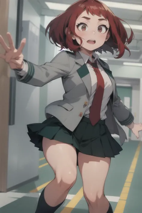 High school girl, Gray jacket with green collar, red necktie, dark green skirt with pleats, black stocking, ((red hair)), short bob, She is running in Shibuya,