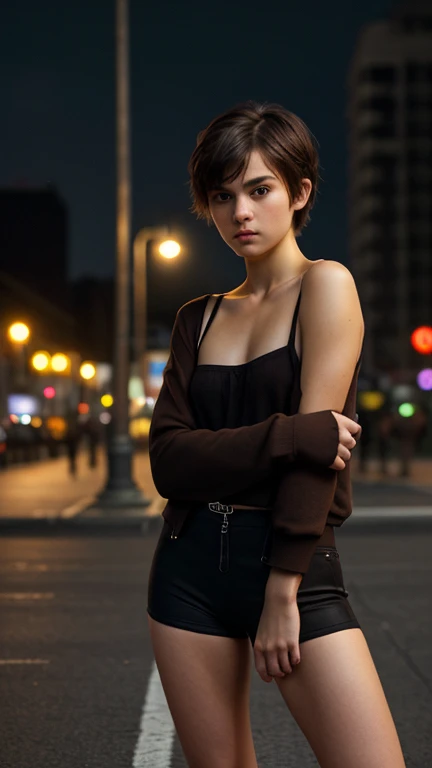 (Close-up), (intense gaze), young russian woman with nice natural very small breast, small stature, sporty boyish build, well-developed muscles, ((dark brown eyes)), dark brown disheveled hair, (short haircut), (pixie style), urban setting, (4k), (ultra hd...