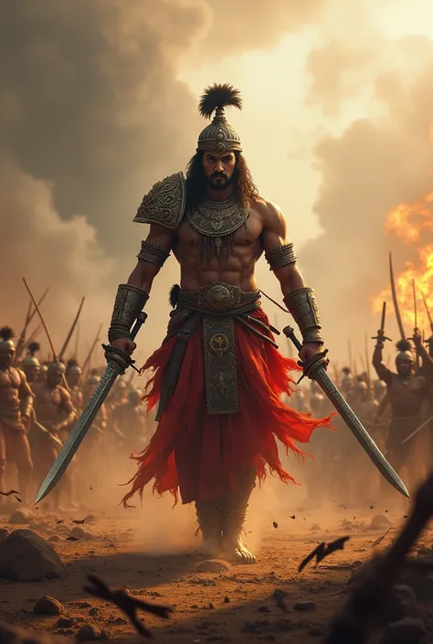 A hindu warrior standing in the battlefield with two sword in front of many enemies 