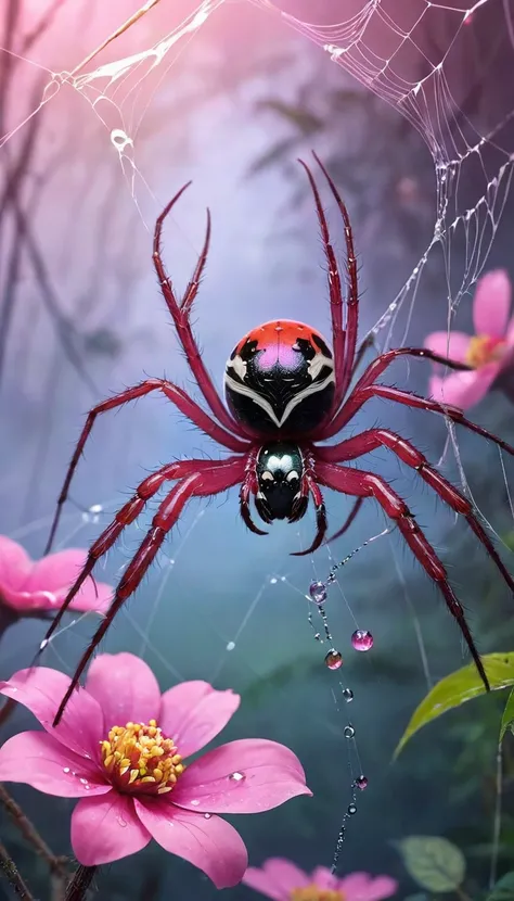 # scene prompt with bright pink spider - large in the center、extremely bright pink spider - its body is mainly fluorescent pink....