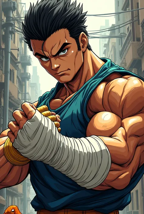 Create a strong character with some weaknesses and with confident eyes holding his fist that bandages wrapped in manga style 