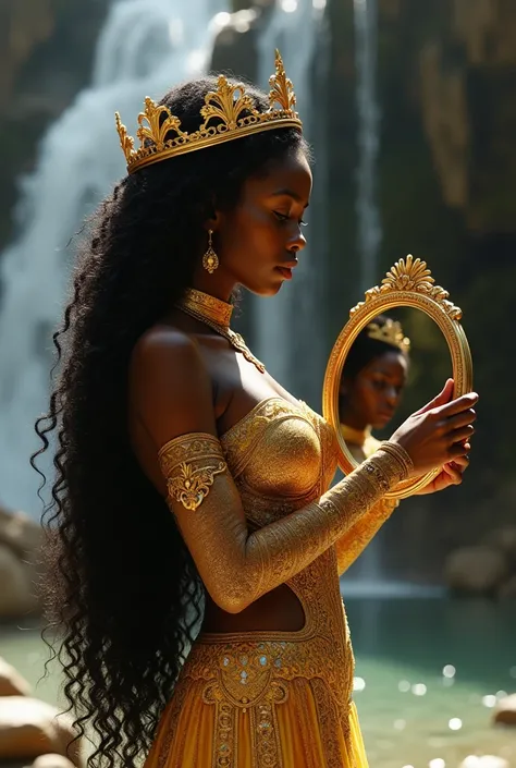 black goddess, perfect, at the waterfall, covered in gold, honey eyes, long black curly hair, gold Crown, Golden mirror in hand, dolce, Sensual