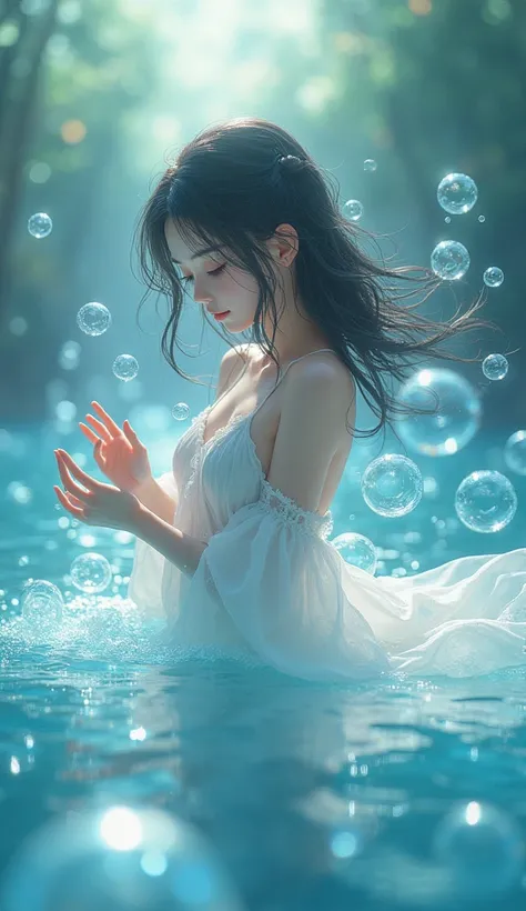 4K, Incredible beauty, In the water, Fantasy, Playing, Bubble, makoto shinkai, Beautiful girl, A shot from a distance, Inspired by Makoto Shinkai, Anime Style, 