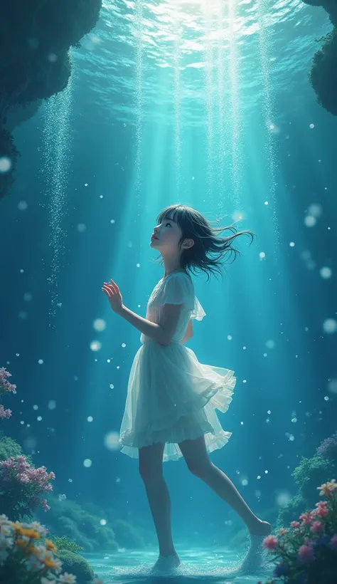 4K, Incredible beauty, deep sea, Fantasy, Playing, Bubble, makoto shinkai, Beautiful girl, A shot from a distance, Inspired by Makoto Shinkai, Anime Style, Reflective World