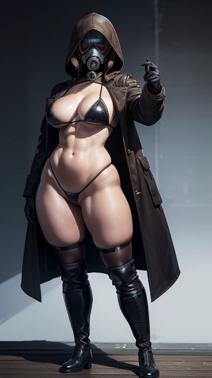 Masterpiece, best quality, 1 woman, small breasts, wide hips, thicc thighs, hooded long coat, gas mask, holding pistol, leather boots, long socks, gloves, chocker, harness, micro bikini, abs leather cover, 