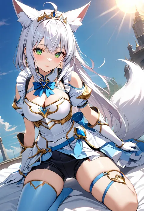 ((masterpiece)), highest quality, very detailed,(one girl), fubuki, white hair, white fox ears, single side braid, ahoge, pierci...