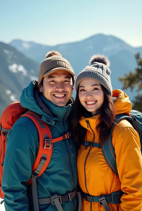 NSFW, ray tracing, radio city, Anisotropic filtering, 16,000, best quality, 2 chinese couple, curvy body, mature,   climber, Hiking clothes, gradient long hair, mountaineering equipment、smile to the camera、green hill、big bust、sunny day, winter hat