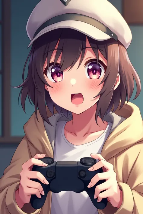 Anime teenager surprise with a video game controller in his hand using a hat