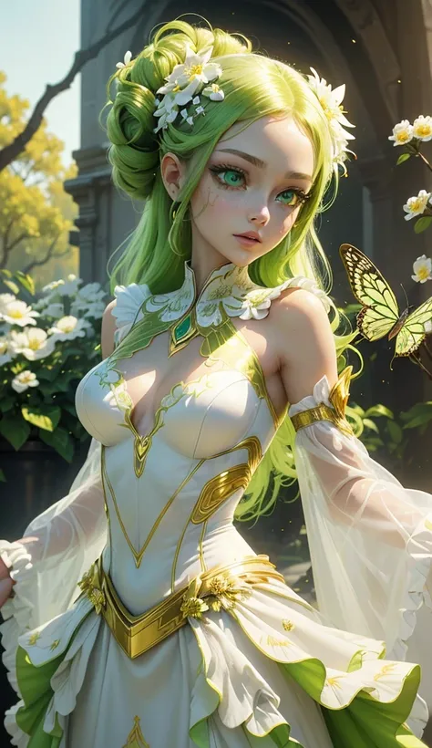 A (((beautiful alien cyber girl))), with (((detailed, insect-like skin))) that shimmers in the sunlight, her long, flowing red hair framing her face, which is adorned with (((detailed, white and gold flowers))) that give off a glow. She wears a sleek, (((g...