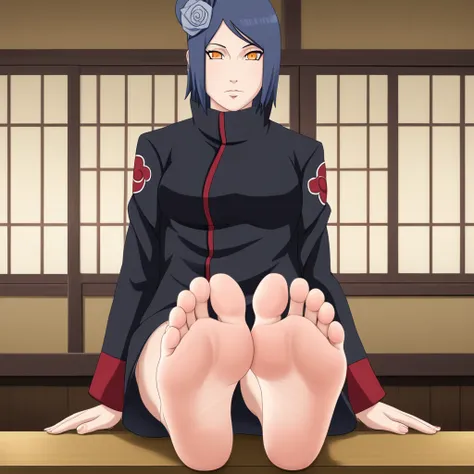 The woman (Naruto), Alone, 1girl, closed_mouth, akatsuki outfit, (akatsuki outfit:1.1), flower, hair flower, (orange eyes:1.2), black coat，In the Japanese style room，Dark gray blue hair，Soles出汗，barefoot，Perfect feet，Five toes per foot，Low Angle，Soles，Sitti...