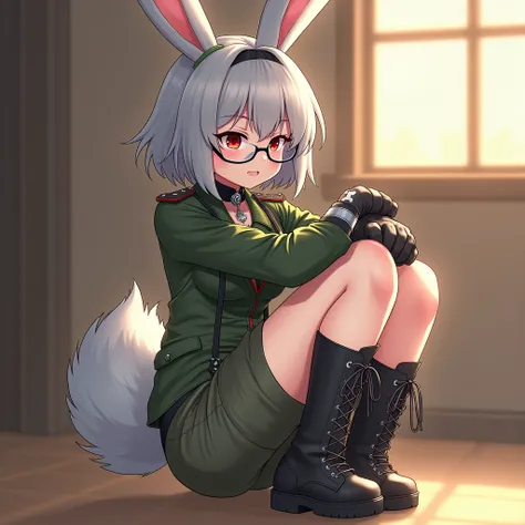 (rabbit female, adult:1.2), (solo), (short gray hair:0.9), (red eyes:1.05), (long gray fluffy bunny tail, big fluffy gray bunny ears:1.2), (embrace:1.05), (black collar:1.05), (green military suit, silver medals:1.3), (green military short:1.15),  (black b...