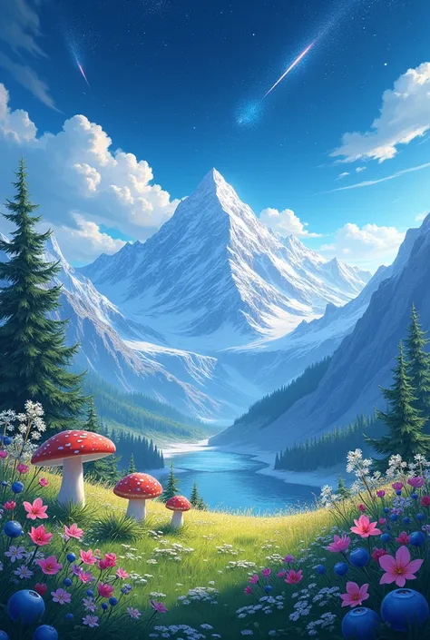 A beautiful winter landscape, a meadow with flowers, mushrooms, blueberries and beautiful green grass. In the background, giant mountains with snow on top, deep vouchers, the night sky shines with stars and meteors passing by giving the impression of movem...