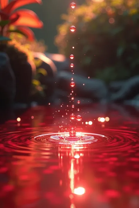 Red color pond where water drop are falling 