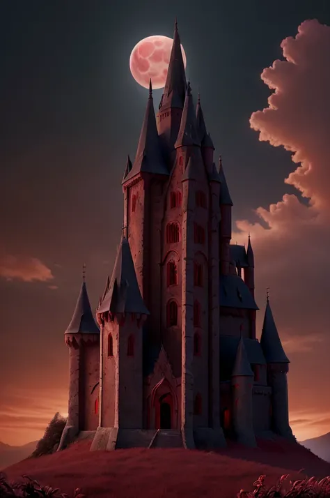 a dark castle,vampire castle,haunted castle,gloomy castle,castle on a hill,castle silhouette,big full moon,blood red sky,dark red clouds,dark red fog,blood dripping from the clouds,blood red moon,blood red atmosphere,dark castle against full moon,ominous c...