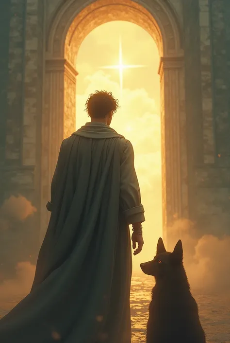 The scene shows the back of a man and his loyal dog walking away from a majestic celestial gate. The perspective should be from in front of them, so the observer sees their faces, which are turned towards the viewer. The mans expression shows sadness and d...