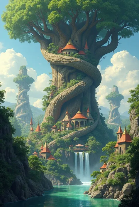 Vast fantasy city built inside 3  giant trees that entertwinded together ,that stands in front of a river that runs towards it. Populated with Anthropomorphic peoples