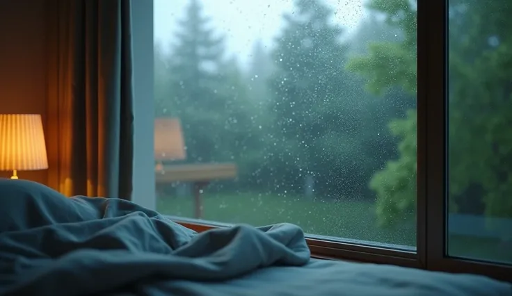 Design an image that creates a calm and soothing atmosphere for rain ASMR content.. Depict a gentle rainy scene with water droplets falling on a glass window.. Outside the window, show a background of a forest or park with wet trees. Add elements such as s...