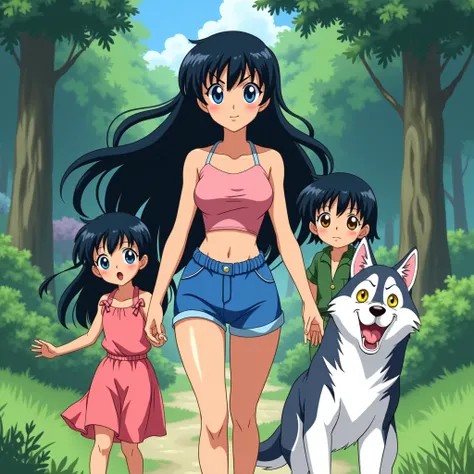 twenty-four year old girl with blue eyes and waist-length black hair, dressed in blue shorts and a pink tank top, Walking through a park with a four-year-old boy and girl with black hair and yellow eyes, The girl is wearing a pink dress and the boy is wear...