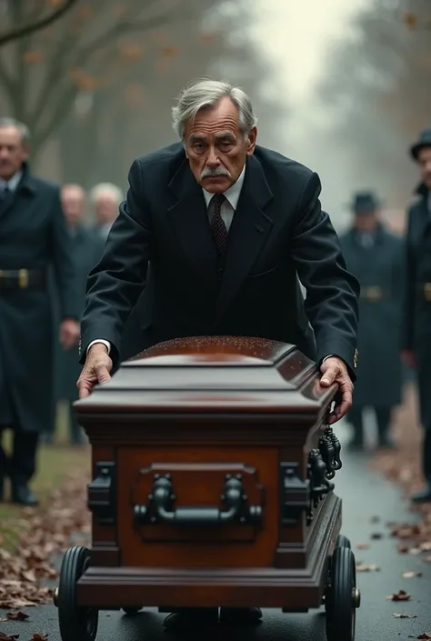 Man guiding a coffin on wheels 