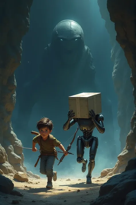 Boy with bow and robot with small large box are running from the dark cave 