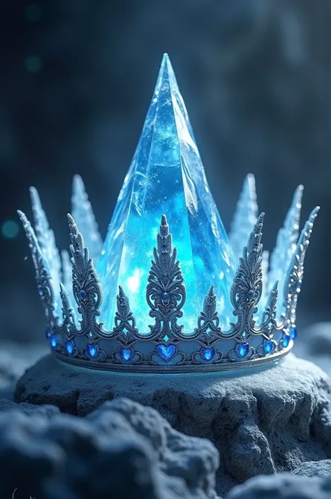 Create an ice crown, that has a powerful blue crystal in the center and that has silver decorations, with a background of dark and bluish colors