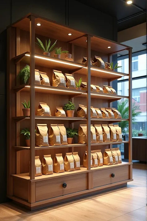 Generate a design for a shelf to sell bags of coffee 