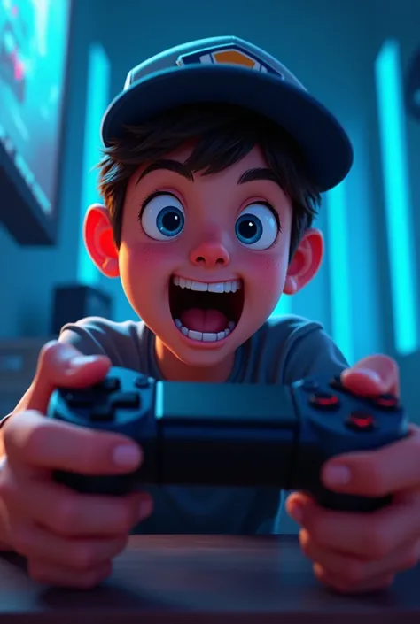 Perspective excited teenage boy with video game controller and wearing cap