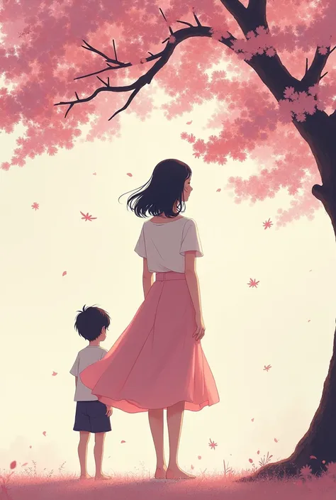 A girl wearing a pink skirt under a cherry tree. The girl is more mature. Facing me, there is a boy standing next to me.