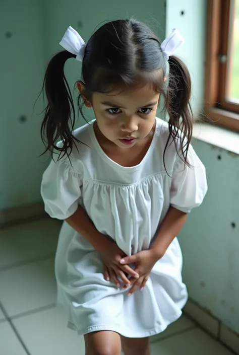  , srilankan little school girl in a tight short white gown,   white hair ribbon, realistic detailed photo, girl suddenly experiencing squirt with pain, horny expression, tightly holding her vagina, saliva dripping from mouth with tears, about to lose cons...