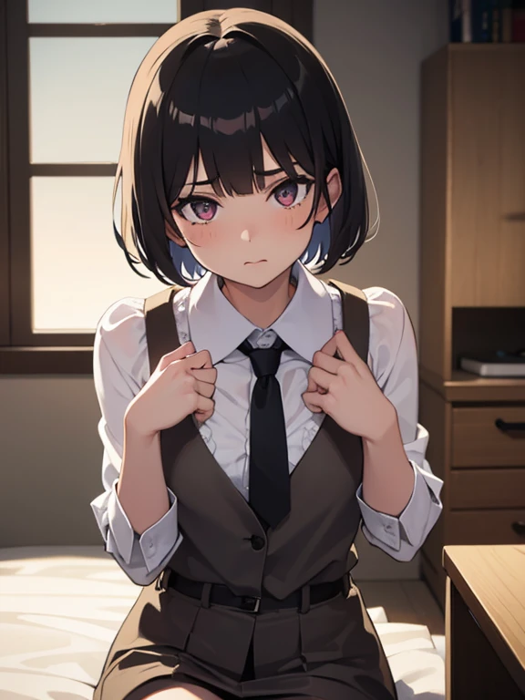 (1girl:1.3), Masterpiece, Best quality, amazing beauty, 4K, absurdres, finely detail, super detailed eye, perfect anatomy, official art, cinematic lighting, BREAK, school, silky short hair, blunt bangs, black hair, big eyes, Staring Intently, embarrassed, ...