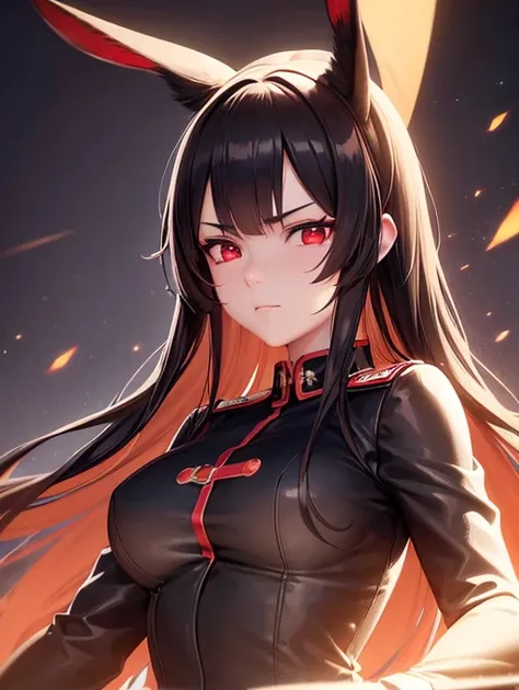 a girl with rabbit ears, E-cup breasts, facing sideways, red eyes, long black hair, wearing military uniform, anime style, detailed facial features, detailed clothing, highly detailed, masterpiece, 8k, hyper realistic, 3d, cinematic lighting, dramatic ligh...