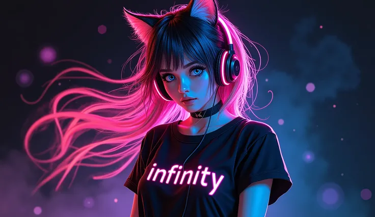 A stunning 4K digital artwork featuring a captivating female character with cat ears, neon colored hair, and headphones, exuding energy as she dances and moves with vibrant, Dynamic poses. She has blue eyes framed by dark makeup and wears a black blouse ad...