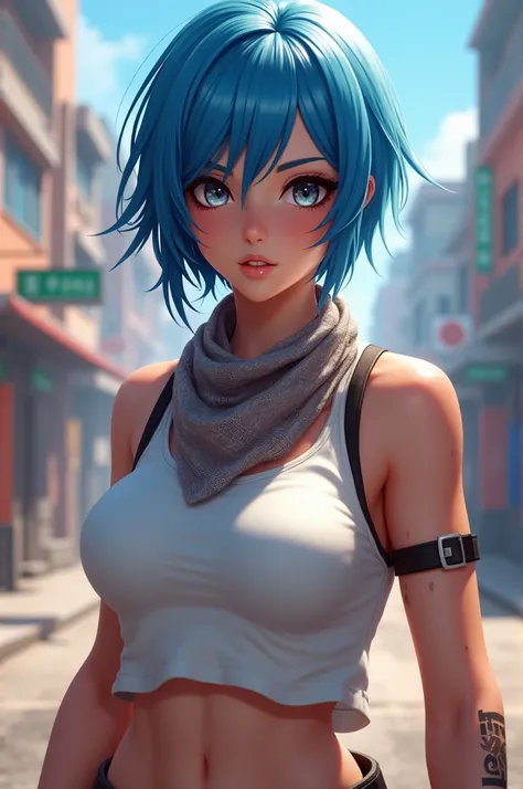 Free Fire game character blue hair short white tank top a transparent bandana female