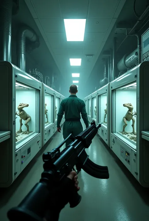 First person perspective holding an assault rifle, laboratory with dinosaur fetuses inside an incubator 