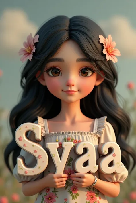 a picture of 3D cute girl with long black hair wears flowery blouse is holding big letters of SYAA